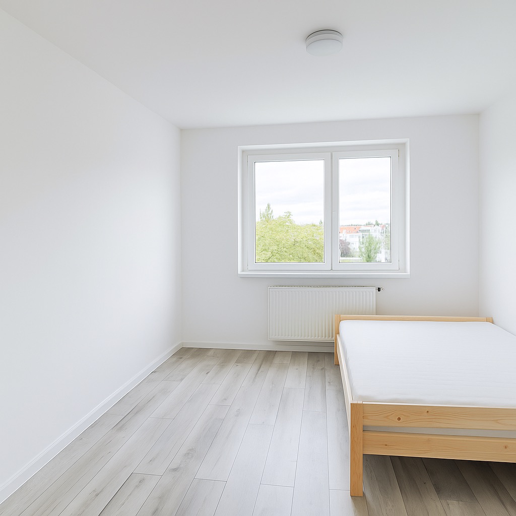 Jasne wnętrze pokoju po remoncie: białe ściany, okno z widokiem na zieleń, drewniane łóżko i panele podłogowe w odcieniach szarości. Minimalistyczny design.