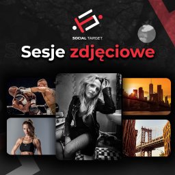 Creative Effects Michał Olżyński - Sesje zdjęciowe Social Target: kolaż fotografii z bokserami, portretem kobiety w czerni i widokami miejskimi, całość na ciemnym tle z logo firmy.