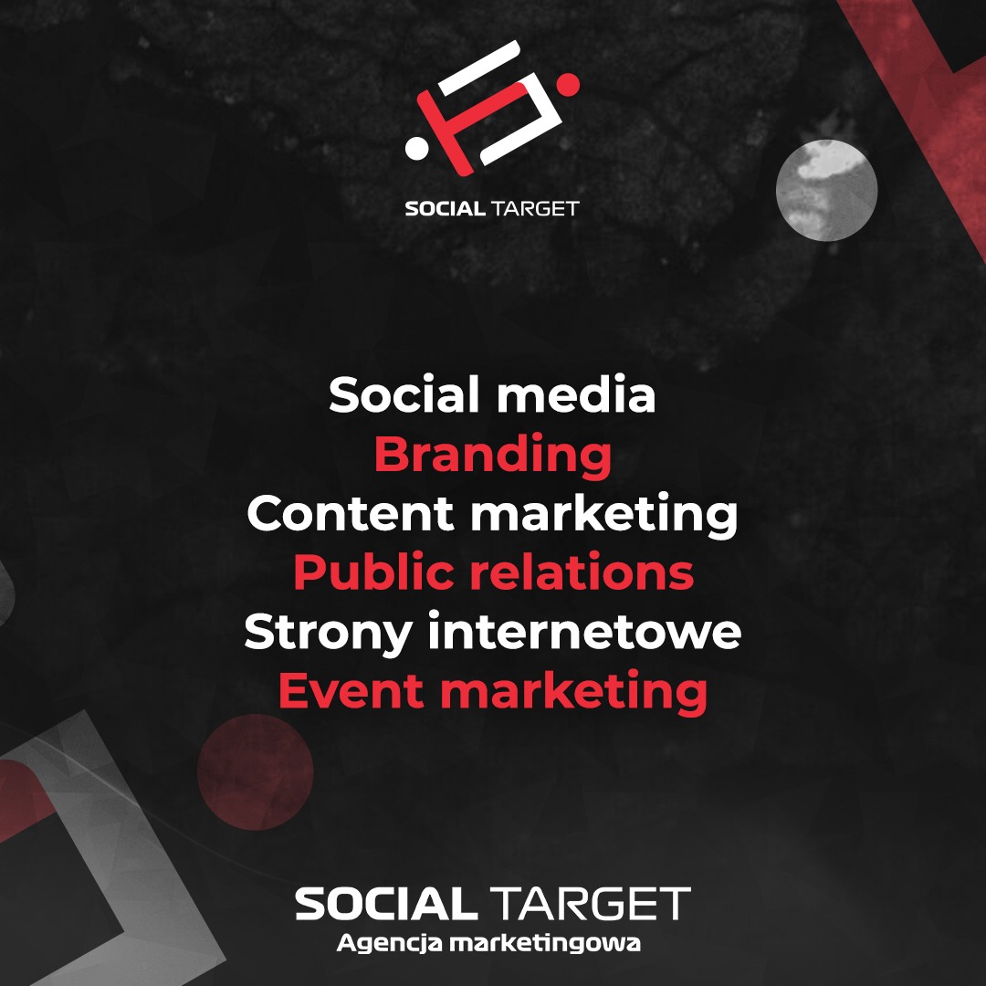Grafika agencji marketingowej Social Target z listą usług: social media, branding, content marketing, public relations, strony internetowe, event marketing.