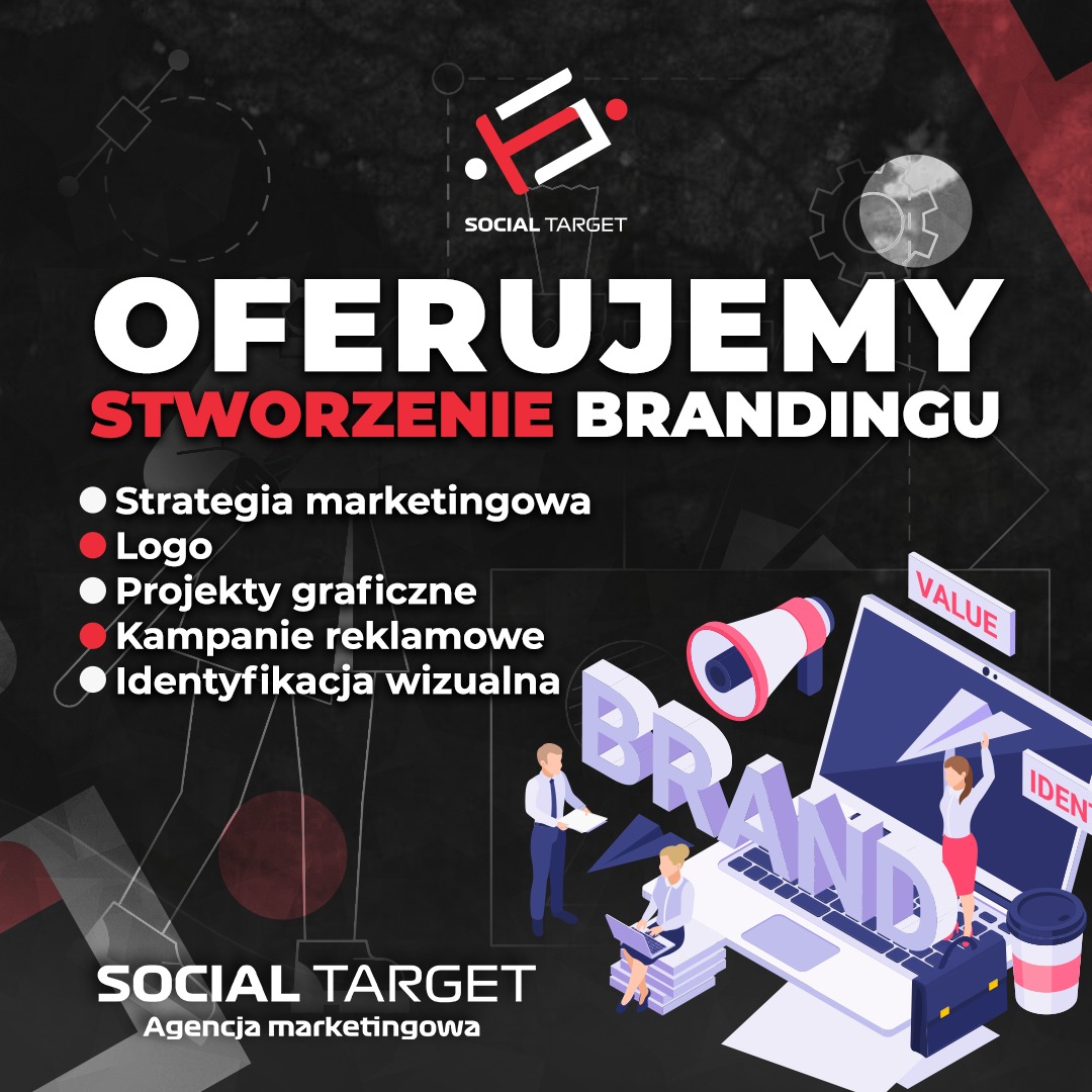 Oferta agencji marketingowej Social Target: strategia, logo, projekty graficzne, kampanie reklamowe, identyfikacja wizualna. Grafika z elementami brandingowymi.