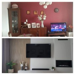Kossako adrian kossakowski - Remont salonu Wałbrzych: metamorfoza wnętrza. Od klasycznego wystroju z drewnianymi meblami, po nowoczesny design z TV na ścianie i minimalistycznym kominkiem.