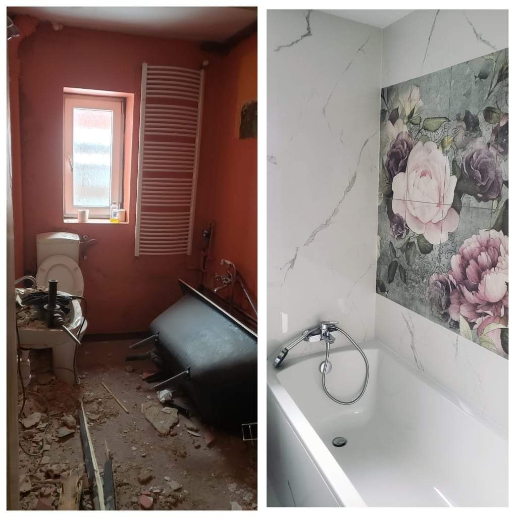 Łazienka przed i po remoncie: od surowego stanu z gruzem do wykończonej, jasnej przestrzeni z wanną, marmurowymi płytkami i kwiatowym akcentem.