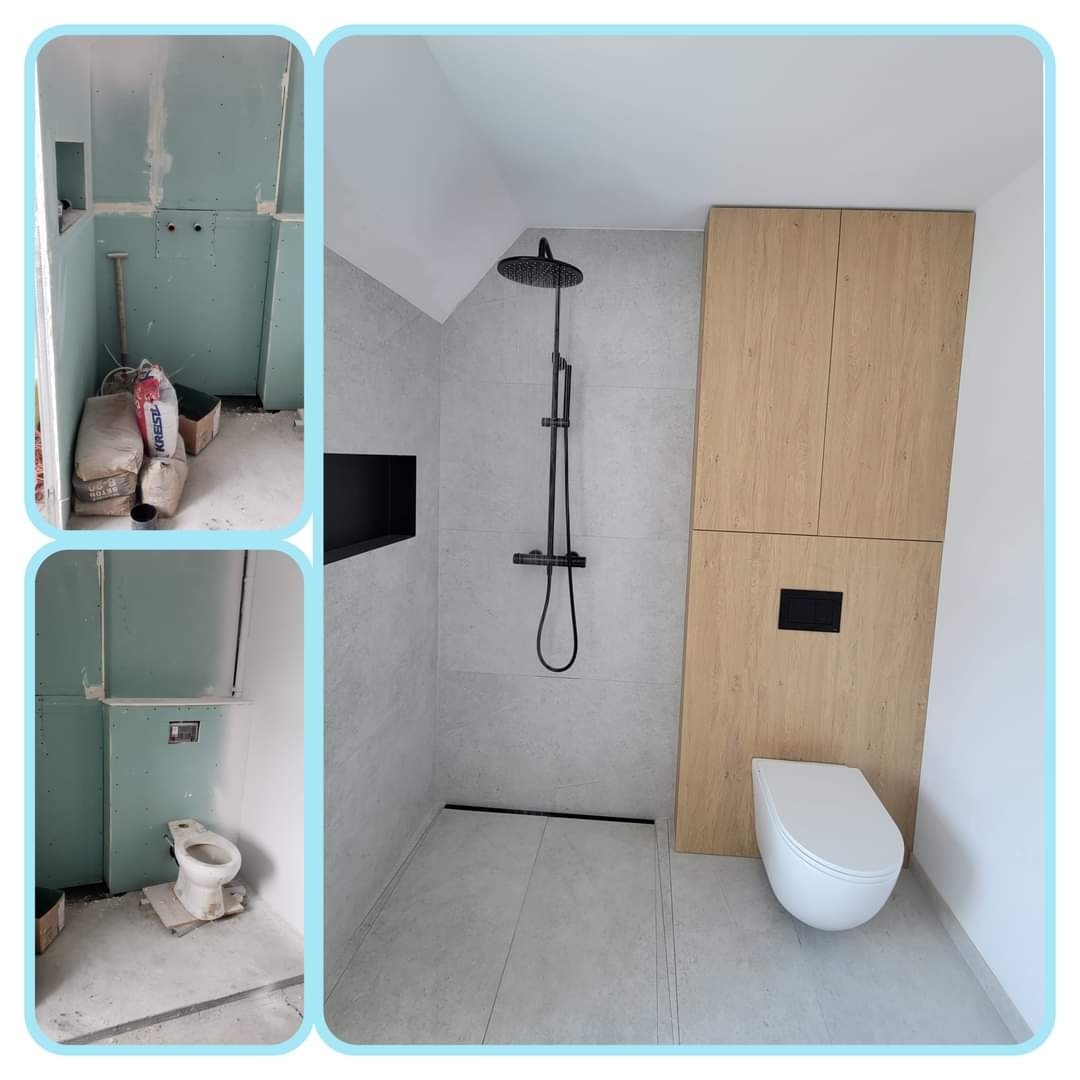 Łazienka po remoncie: kabina prysznicowa z deszczownicą, podwieszana toaleta, zabudowa meblowa. Fragmenty stanu surowego z płytami g-k po bokach.