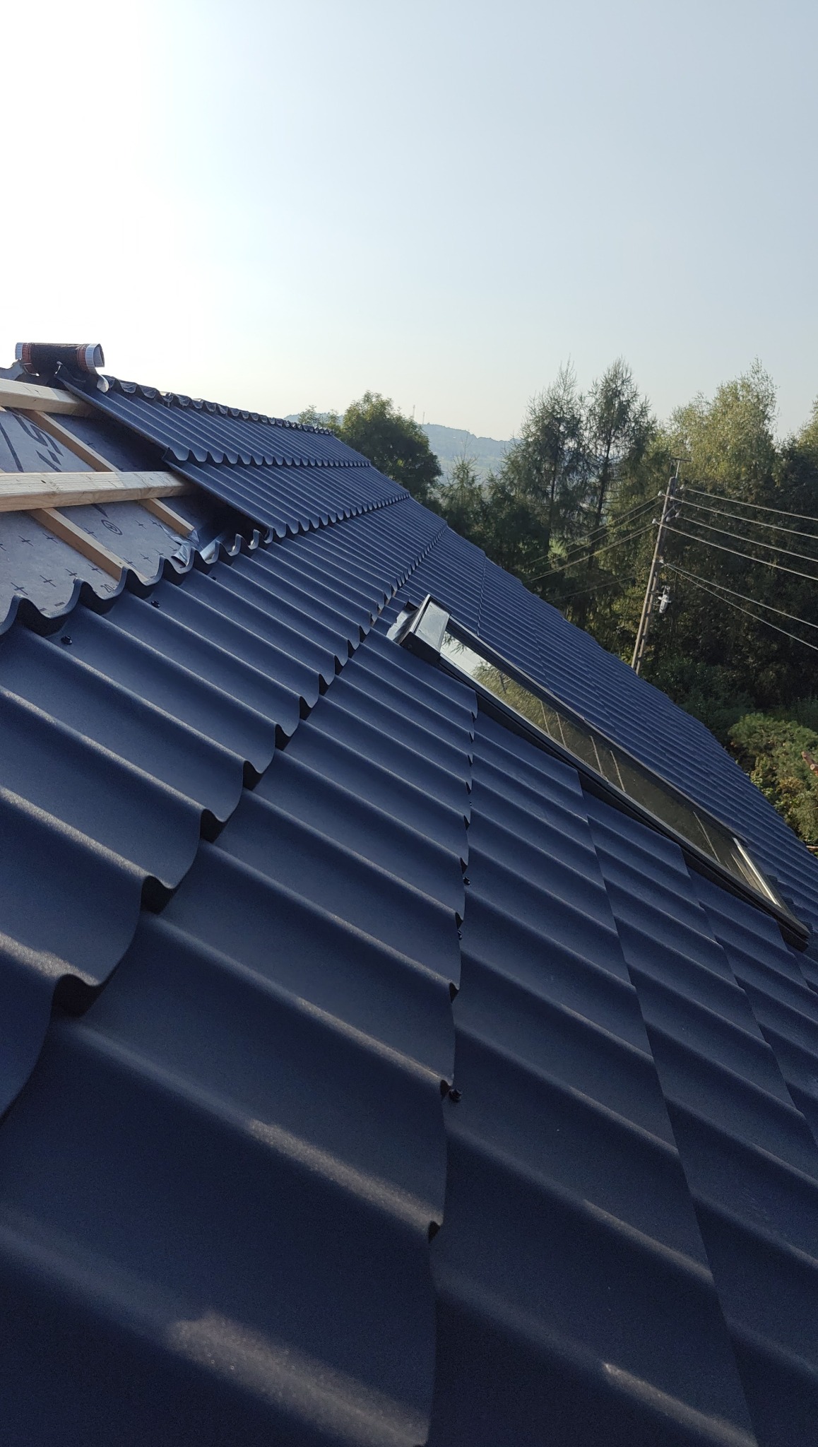 Ciemna blacha dachowa z oknem połaciowym, widok z góry, fragment konstrukcji drewnianej. W tle zieleń drzew i błękitne niebo.