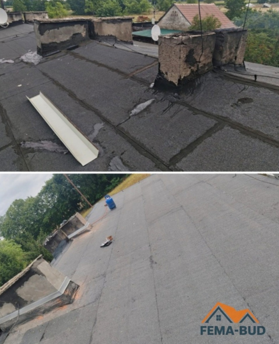 Dach pokryty papą z kominami przed i po renowacji. Widoczna nowa obróbka komina i fragment rynny. Na drugim planie budynek i zieleń.