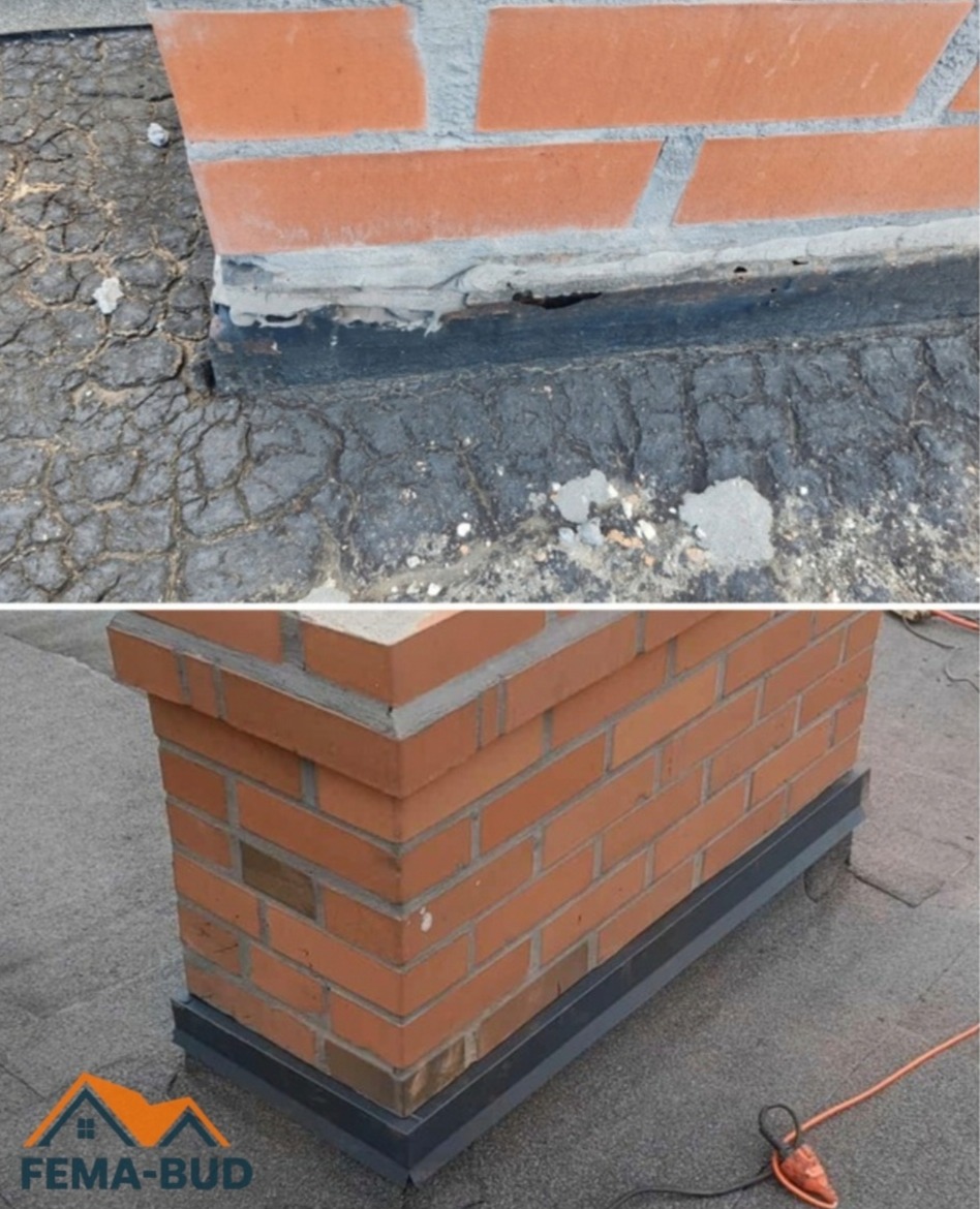 Komparacja: zniszczona obróbka komina vs. nowa, szczelna obróbka blacharska. Czerwona cegła i szara blacha na dachu pokrytym papą.