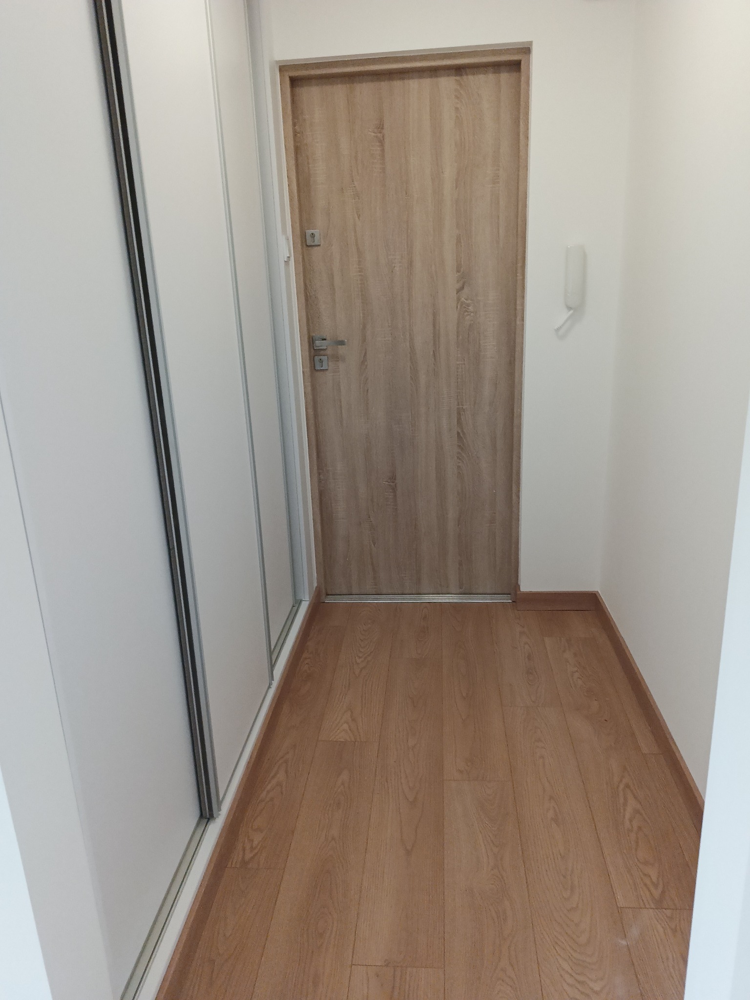 Jasny korytarz z drewnianą podłogą i przesuwną szafą wnękową. Widoczne drzwi wejściowe i białe ściany. Minimalistyczny design.