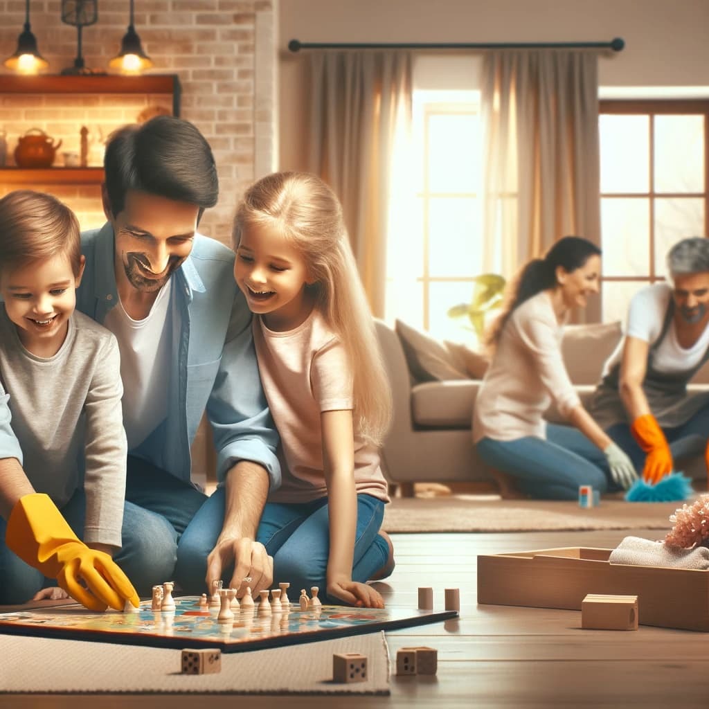 Rodzinne popołudnie: Tata z dziećmi gra w szachy na podłodze, podczas gdy para sprząta w tle. Ciepłe światło, przytulna atmosfera.