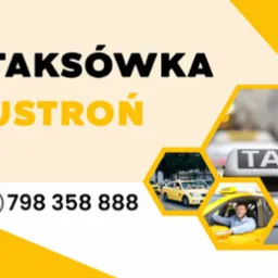 Reklama taksówki w Ustroniu. Grafika z numerem telefonu, zdjęciami taksówek i uśmiechniętym kierowcą za kierownicą.