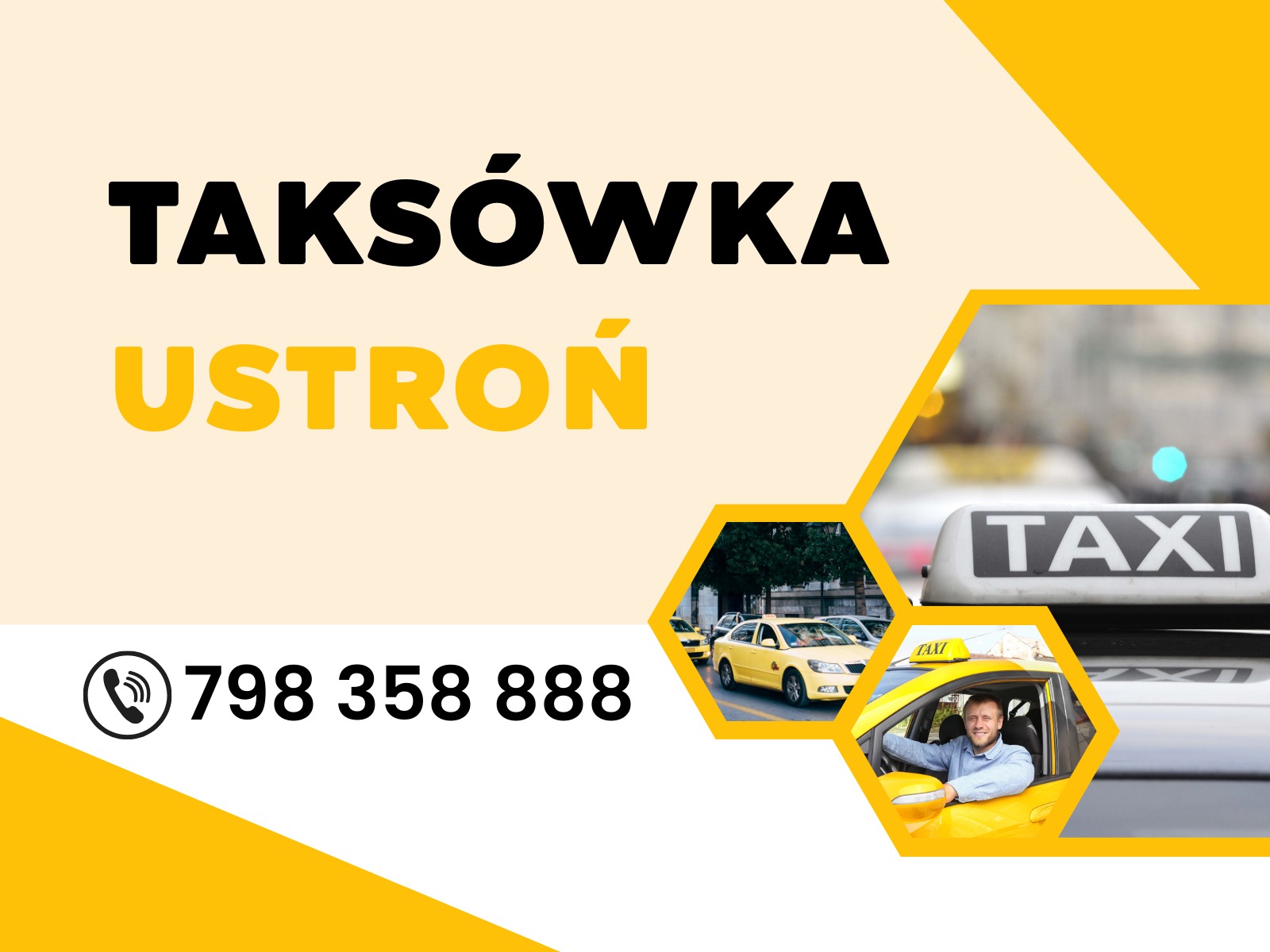 Reklama taksówki w Ustroniu. Grafika z numerem telefonu, zdjęciami taksówek i uśmiechniętym kierowcą za kierownicą.