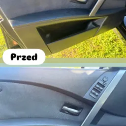 Tapicerka samochodowa drzwi przed i po czyszczeniu. Widoczna poprawa wyglądu materiału, odświeżony kolor i usunięte zabrudzenia. Detal wnętrza auta.