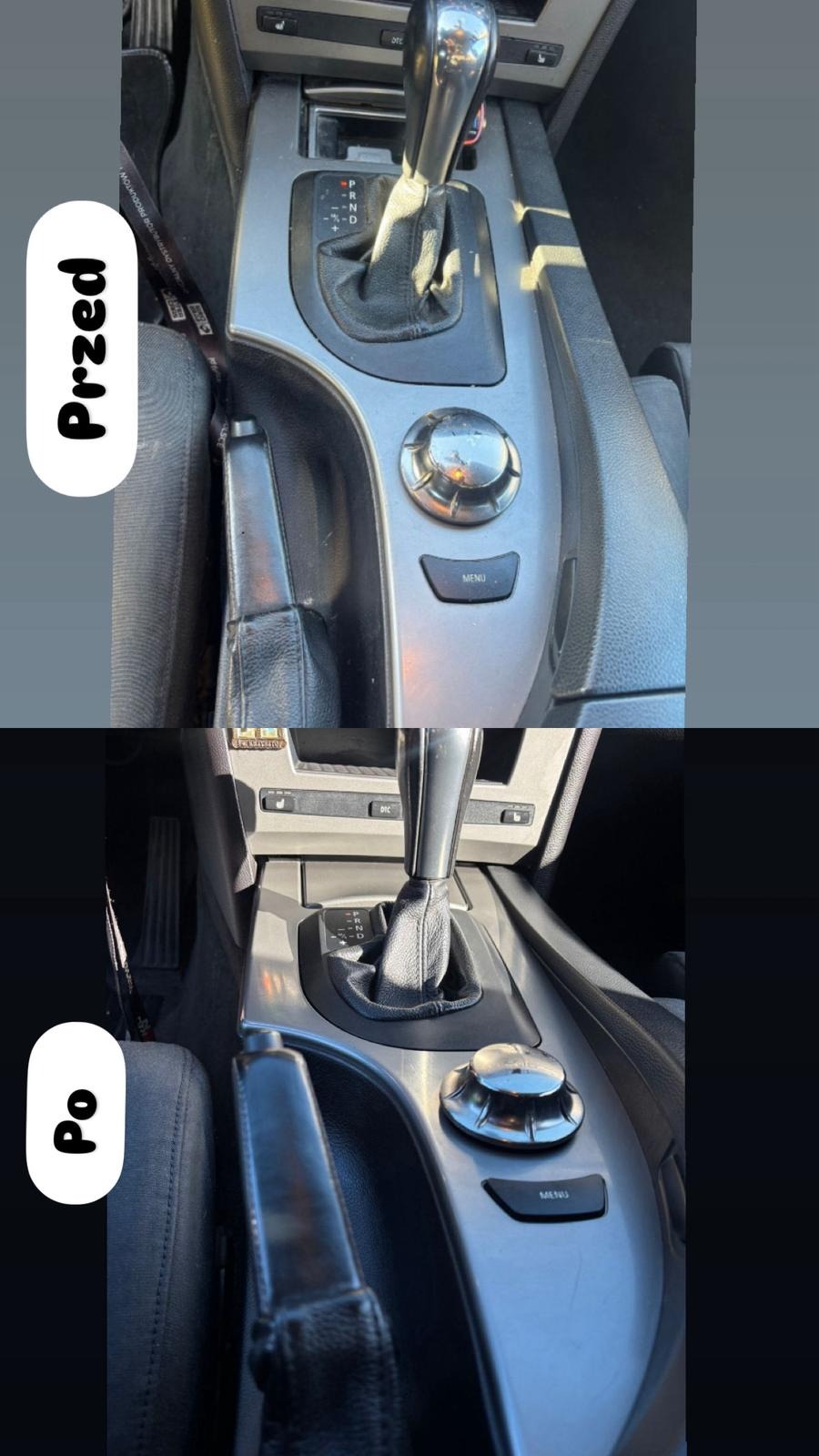 Tapicerka samochodowa przed i po czyszczeniu: konsola środkowa z dźwignią zmiany biegów, widoczne różnice w czystości i połysku plastików. Efekt odświeżenia wnętrza.