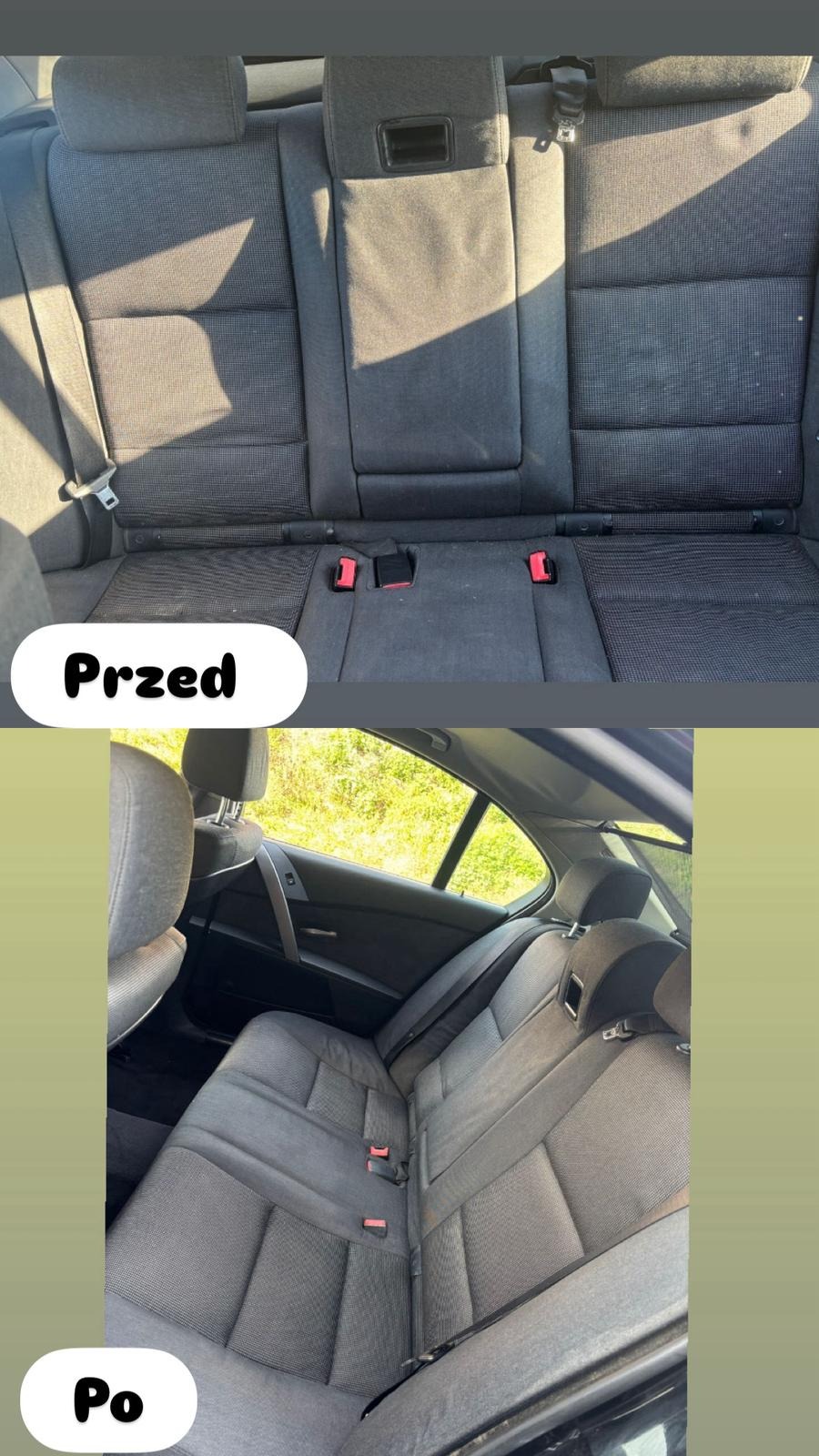 Tapicerka samochodowa tylna, szara, w układzie 'przed' (ciemniejsza, z plamami) i 'po' (czysta, jaśniejsza), po praniu. Widoczne pasy bezpieczeństwa.