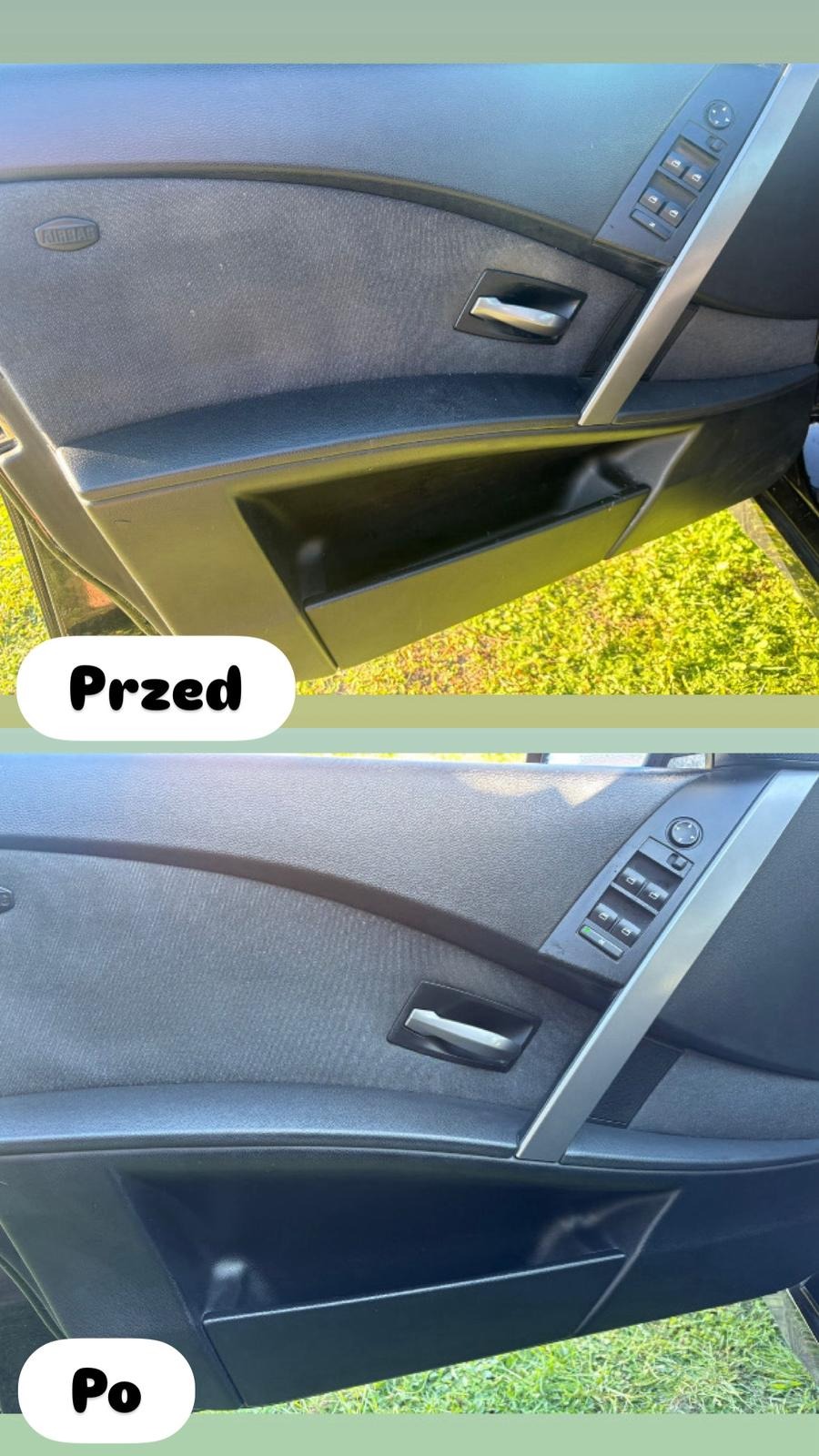 Tapicerka samochodowa drzwi przed i po czyszczeniu. Widoczna poprawa wyglądu materiału, odświeżony kolor i usunięte zabrudzenia. Detal wnętrza auta.