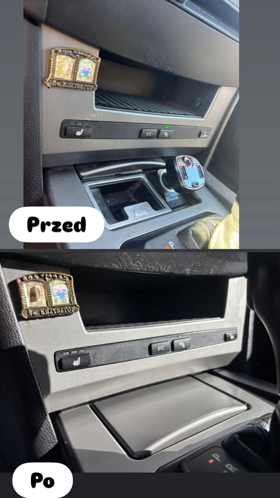 Zdjęcie wnętrza samochodu przed i po czyszczeniu, z widocznym panelem środkowym i popielniczką. Na górze widać przypinkę św. Krzysztofa.