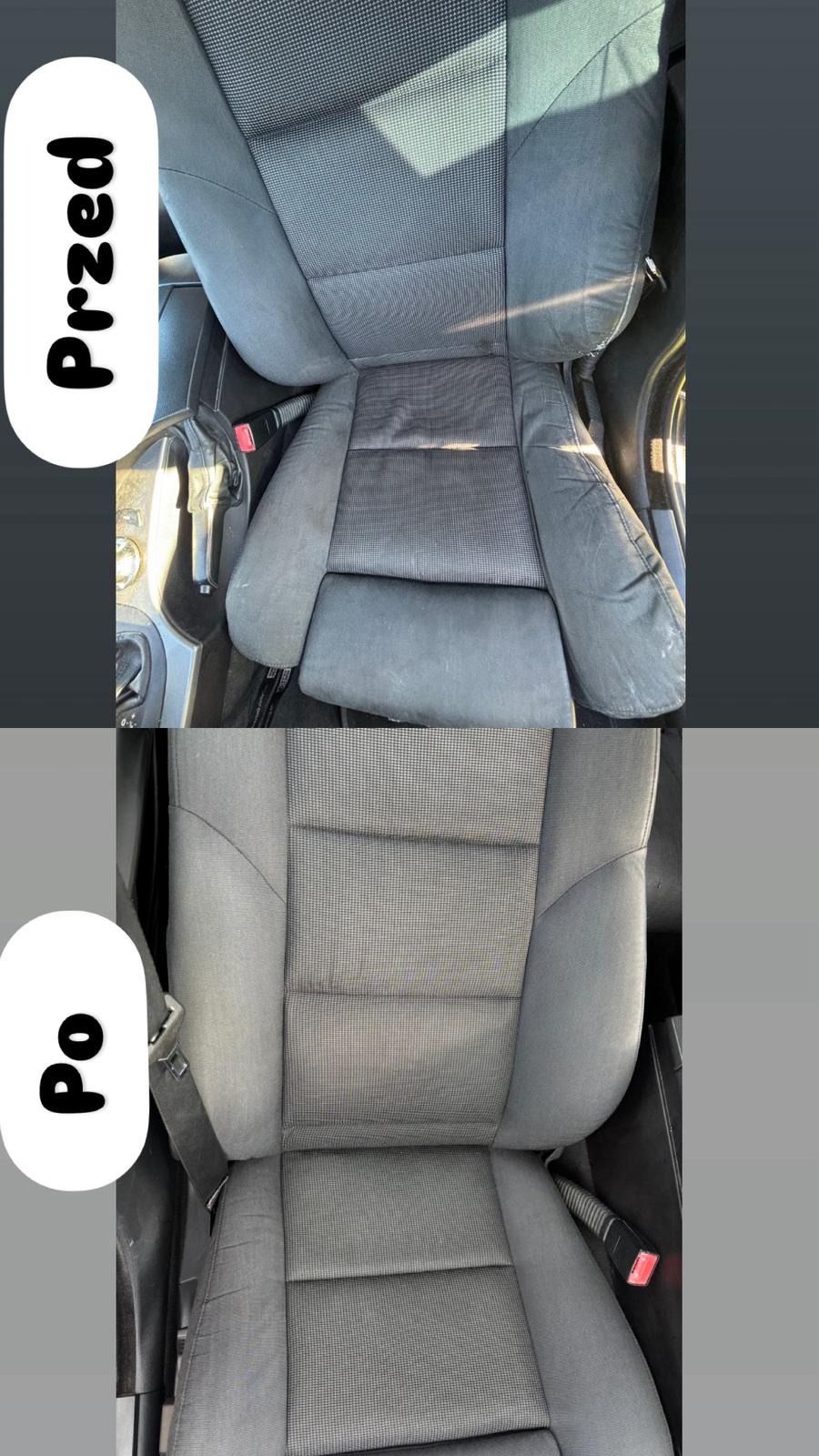 Tapicerka samochodowa w układzie 'przed i po' czyszczeniu. Widoczne wyraźne różnice w wyglądzie i czystości materiału.