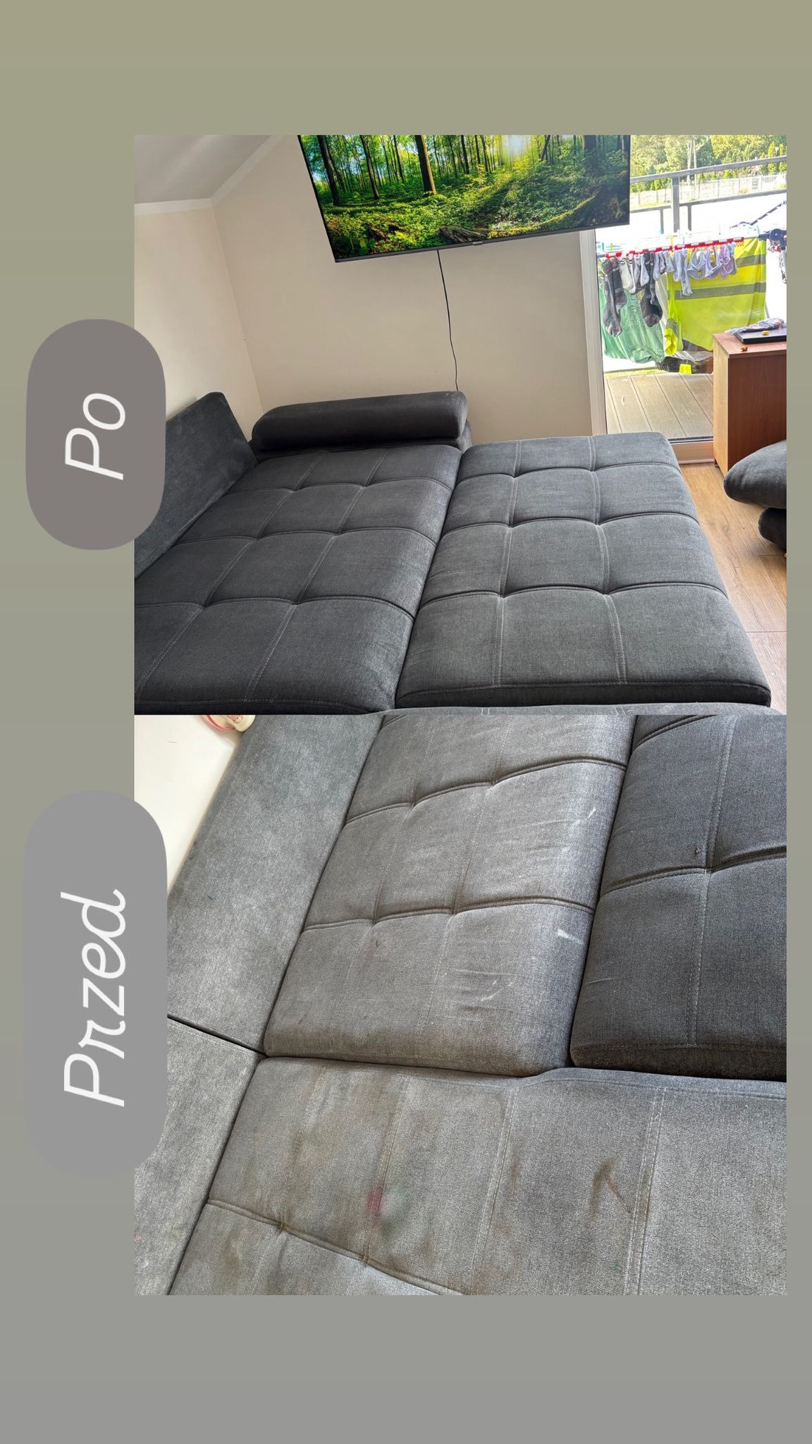 Szara kanapa modułowa przed i po czyszczeniu, widoczne plamy usunięte. Ujęcie z perspektywy, w tle telewizor i balkon z suszącym się praniem.