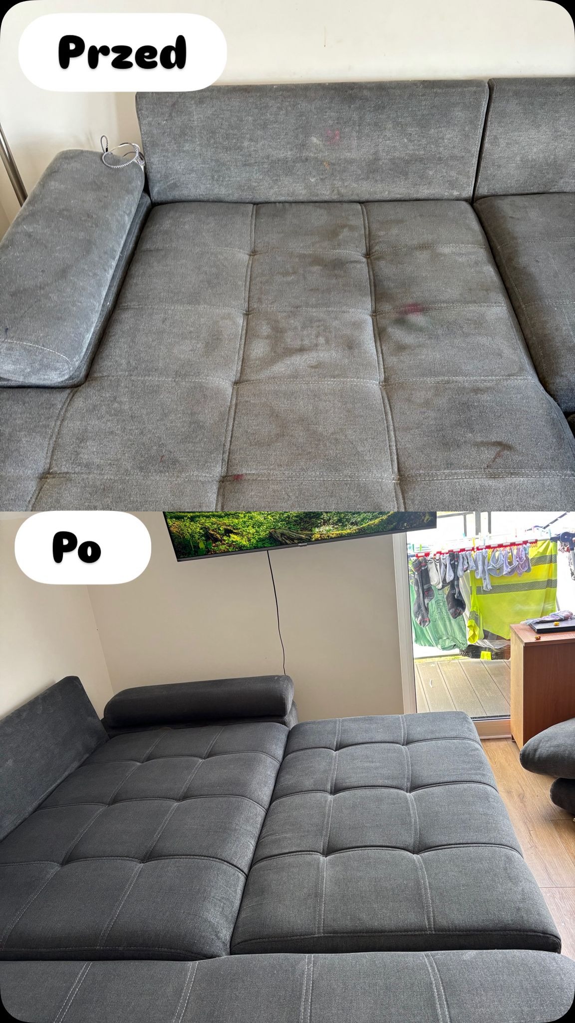 Szara, narożna kanapa przed i po czyszczeniu. Widoczne plamy przed, a czysta tapicerka po. Na balkonie suszące się pranie.