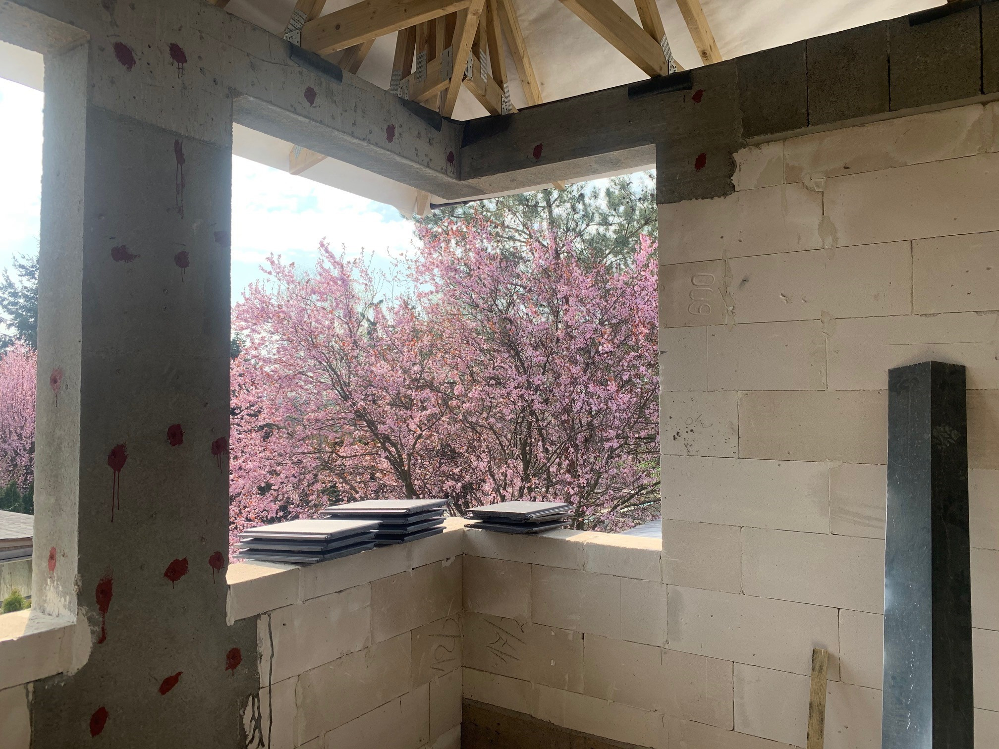 Surowy stan budynku z betonu komórkowego z widokiem na kwitnące drzewo. Na murze leżą płytki. Widoczna konstrukcja dachu.