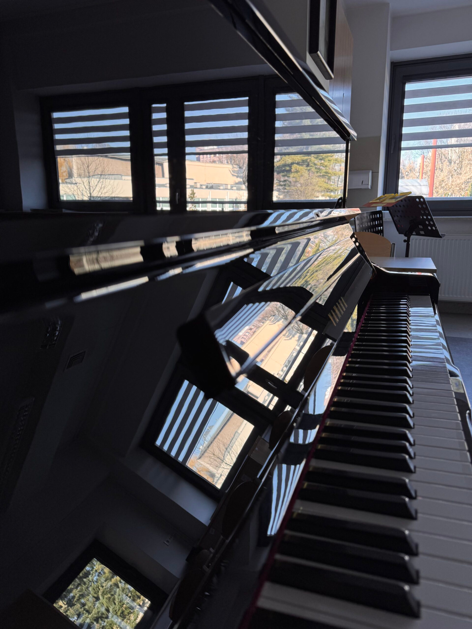 roleta dzień noc w kasecie przyszybowej z prowadnicami, realizacja w szkole muzycznej