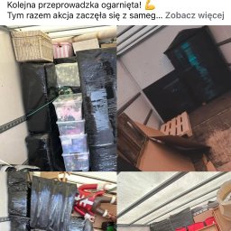 Zenon Światłoch - Załadunek mienia do transportu: spakowane i ofoliowane przedmioty, w tym pudła, meble i zabawki, zabezpieczone w przestrzeni ładunkowej busa podczas przeprowadzki.