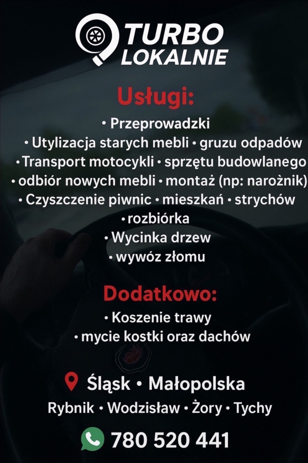 Oferta usług: przeprowadzki, utylizacja, transport, odbiór mebli, czyszczenie, rozbiórka, wycinka drzew, koszenie trawy. Kontakt Śląsk/Małopolska.