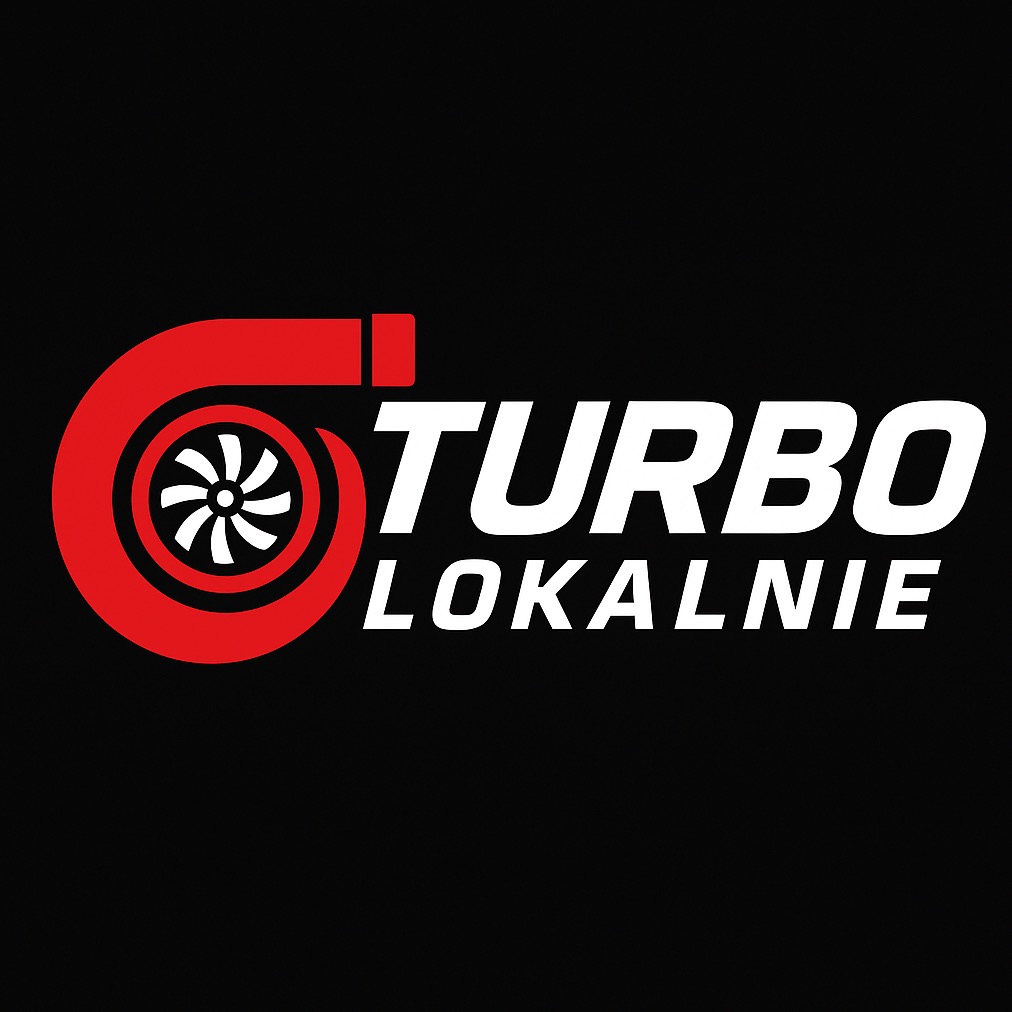 Czerwono-białe logo 'Turbo Lokalnie' na czarnym tle, stylizowane na turbinę samochodową. Nowoczesny font, dynamiczny design.