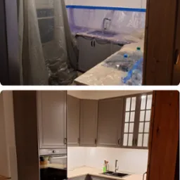 Demontaż szafek, malowanie wraz z uzupełnieniem ubytków, montaż szafek wraz z oświetleniem Ikea