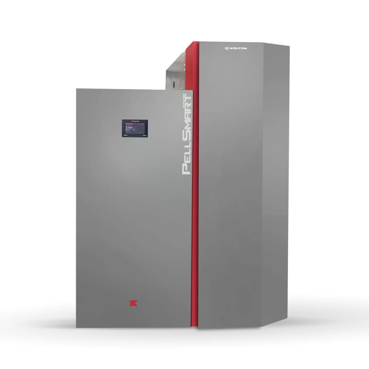 Szary piec na pellet Kolton PellSmart z czerwonym akcentem, widoczny panel sterowania i logo producenta, na białym tle.