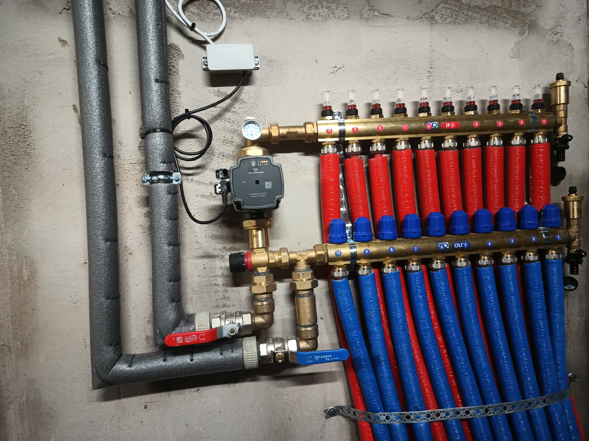 Rozdzielacz ogrzewania podłogowego z rurami w kolorze czerwonym i niebieskim, zamontowany na szarej ścianie. Widoczne zawory, manometr i pompa obiegowa.