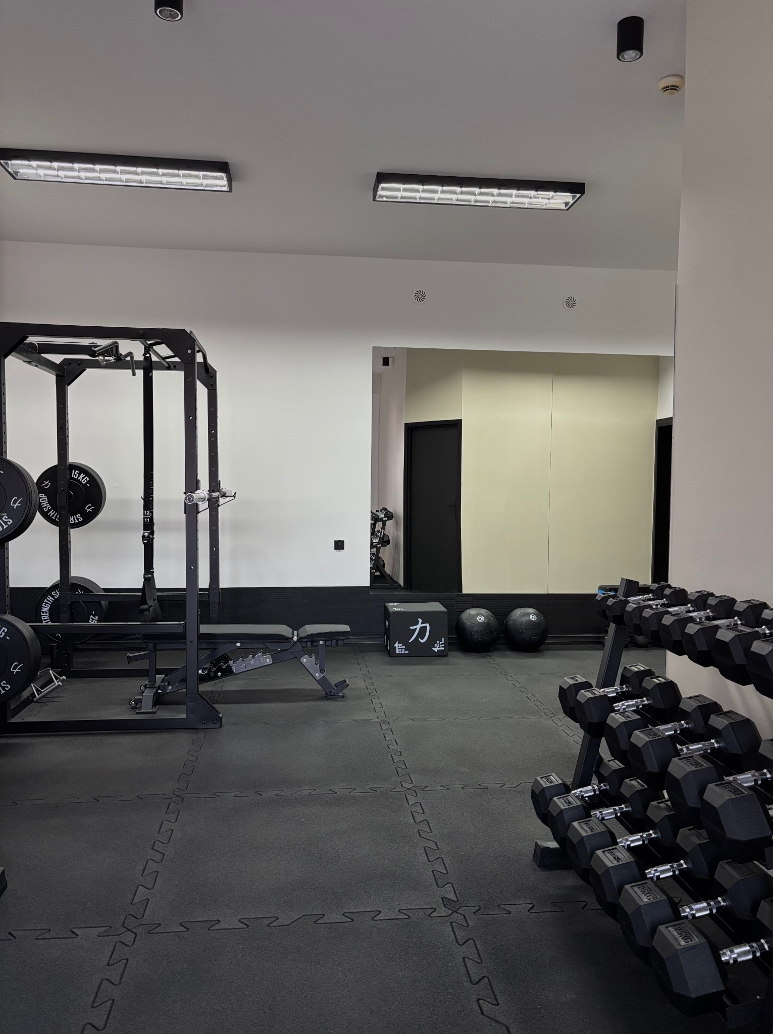 Nowoczesna siłownia z czarnym sprzętem: stojak do ćwiczeń, ławeczka, hantle, piłki lekarskie i lustro. Minimalistyczny design, gumowa podłoga, oświetlenie sufitowe.