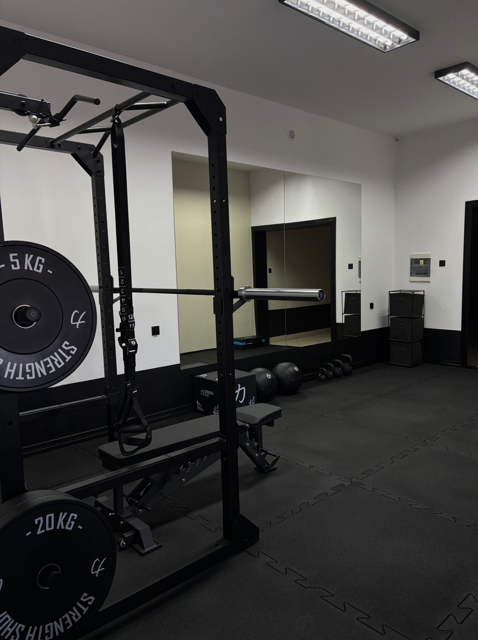 Nowoczesna, czarno-biała siłownia: klatka do ćwiczeń siłowych z obciążeniem, lustro, kettlebells. Minimalistyczny design, profesjonalny sprzęt do treningu.