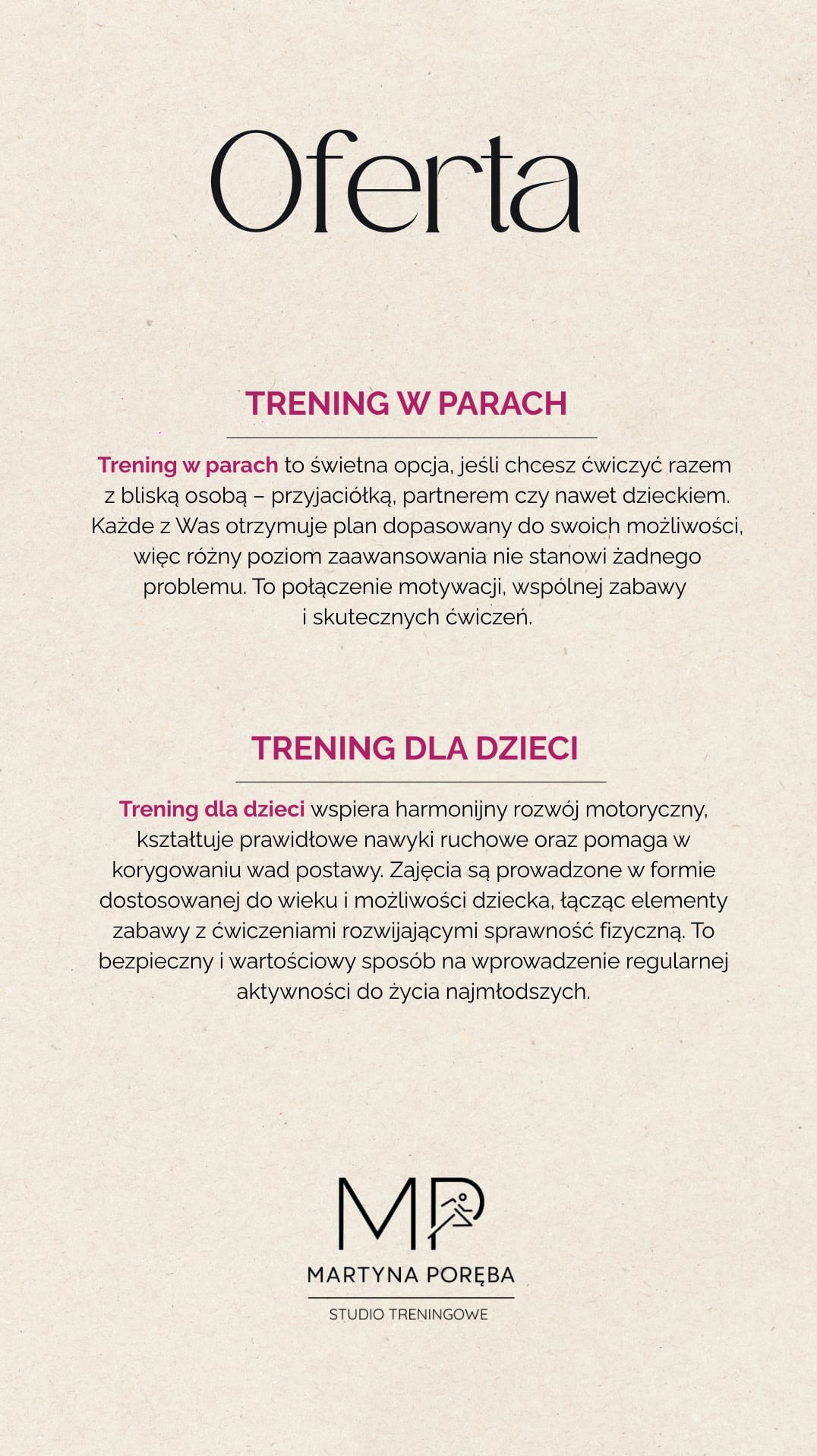 Grafika z ofertą studia treningowego Martyny Poręby, promująca treningi w parach i dla dzieci, z logo MP na beżowym tle.