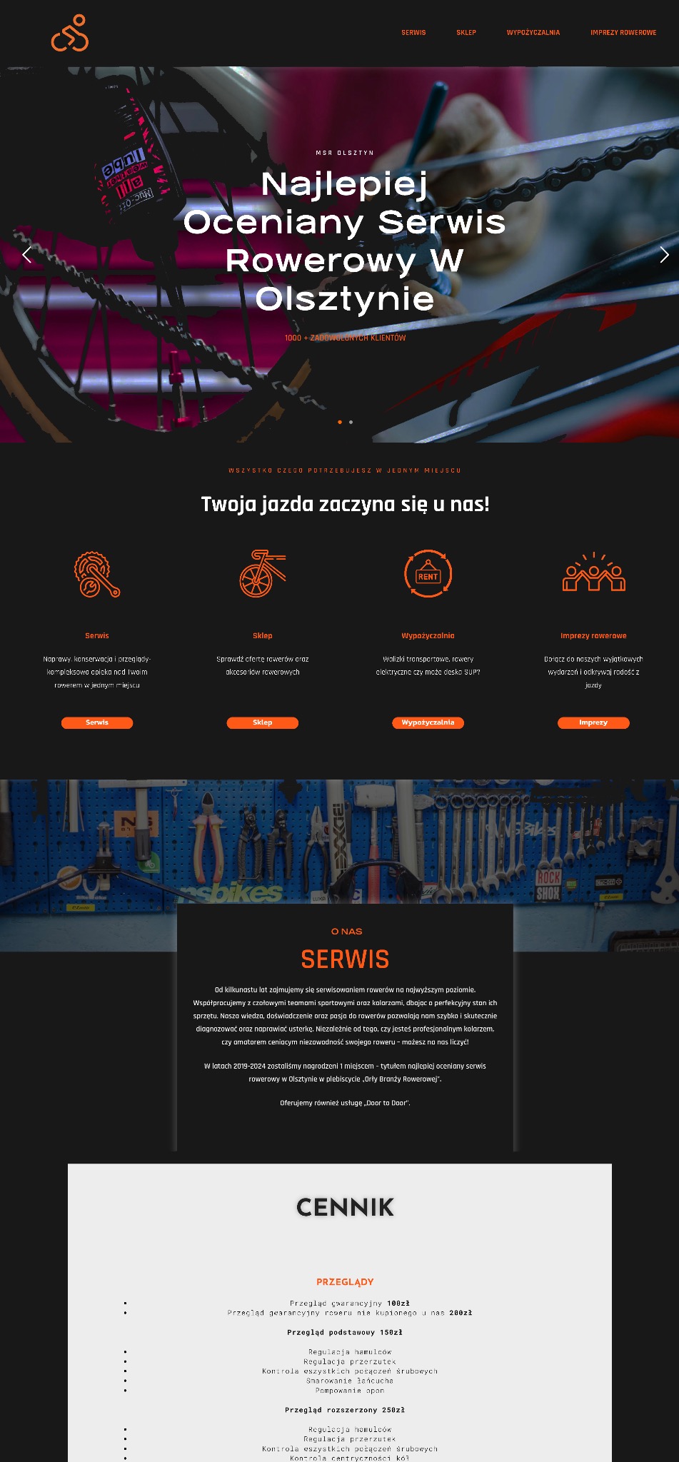 Strona internetowa serwisu rowerowego z Olsztyna: oferta serwisu, sklepu, wypożyczalni i imprez rowerowych. Cennik przeglądów i napraw. Grafika z rowerem i narzędziami.