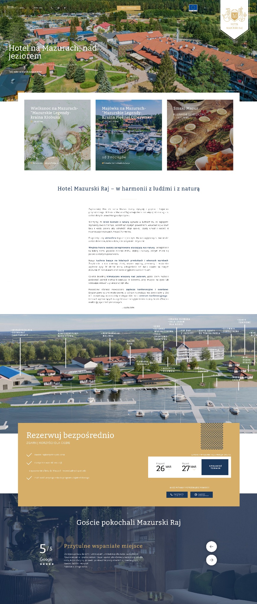 Strona internetowa hotelu na Mazurach z ofertami specjalnymi, widokiem na jezioro i wizualizacją terenu, zachęcająca do rezerwacji bezpośredniej.