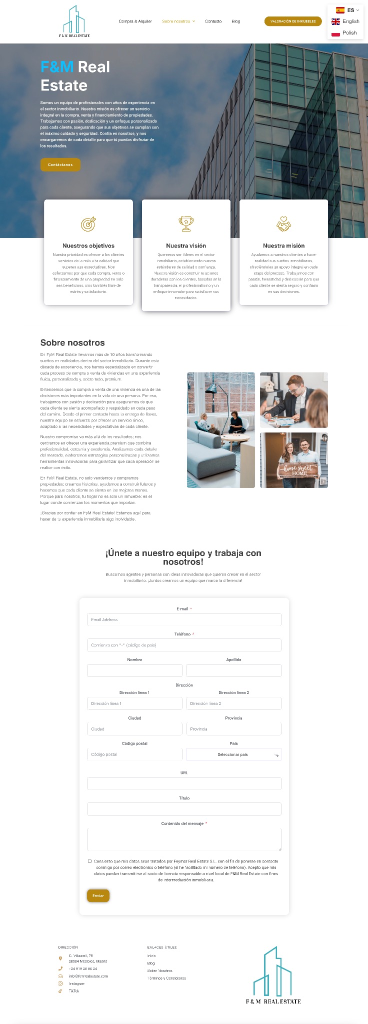 Nowoczesna strona internetowa agencji nieruchomości F&M Real Estate z formularzem kontaktowym i informacjami o firmie, z widocznym logo i budynkiem w tle.