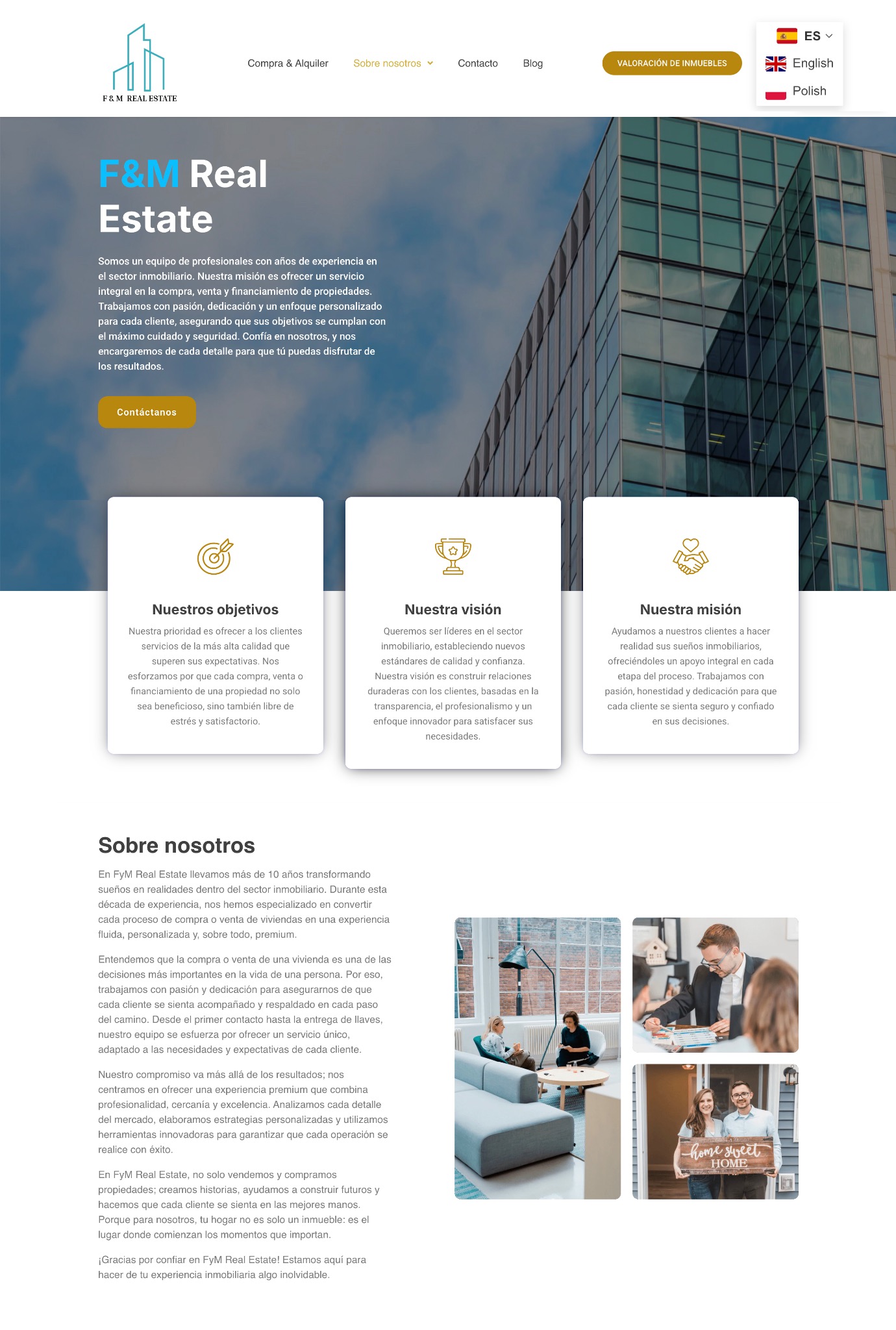 Strona internetowa firmy F&M Real Estate z widokiem na nowoczesny budynek biurowy w tle. Układ strony prezentuje ofertę sprzedaży i wynajmu nieruchomości.