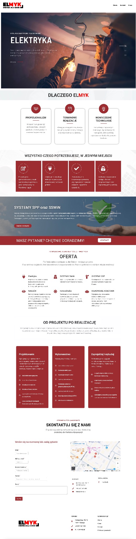 Strona internetowa firmy ELMYK, oferującej usługi elektryczne. Widoczny nagłówek z hasłem 'Elektryka' i zdjęcie elektryka przy pracy. Ciemna kolorystyka z czerwonymi akcentami.