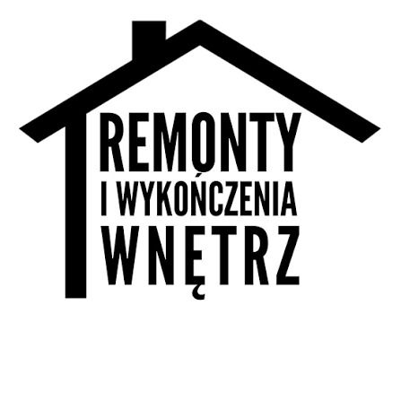 Grafika: Czarny symbol domu z napisem 'Remonty i wykończenia wnętrz'. Minimalistyczny design, czcionka bezszeryfowa, białe tło. Logo firmy remontowej.