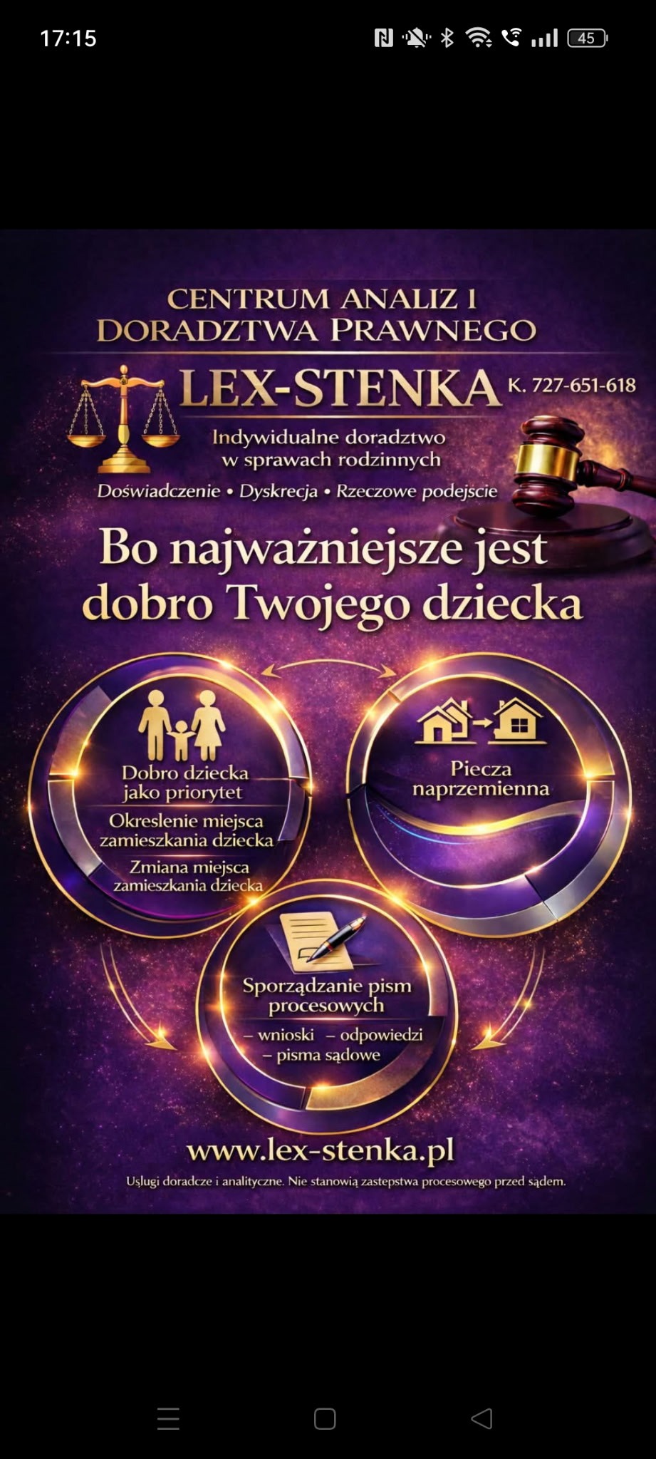 Grafika reklamowa kancelarii prawnej Lex-Stenka z hasłem 'Bo najważniejsze jest dobro Twojego dziecka'. Oferta: sprawy rodzinne, piecza naprzemienna, pisma procesowe.