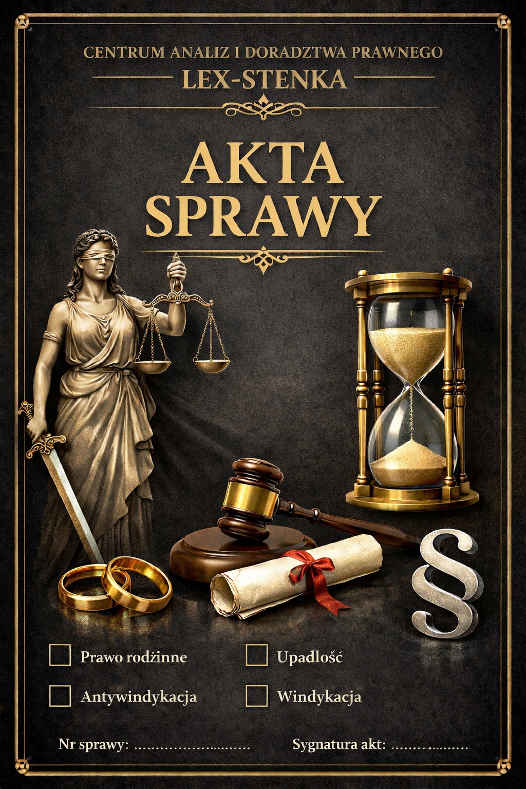 Grafika z Temidą, klepsydrą, paragrafem i napisem 'Akta sprawy' na czarnym tle. Dodatkowo pola wyboru: Prawo rodzinne, Upadłość, Antywindykacja, Windykacja.