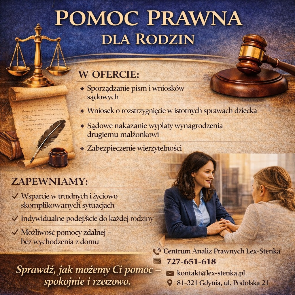 Oferta pomocy prawnej dla rodzin: sporządzanie pism, wniosków sądowych, wsparcie w trudnych sytuacjach. Konsultacja adwokata z klientem, ciepłe oświetlenie.