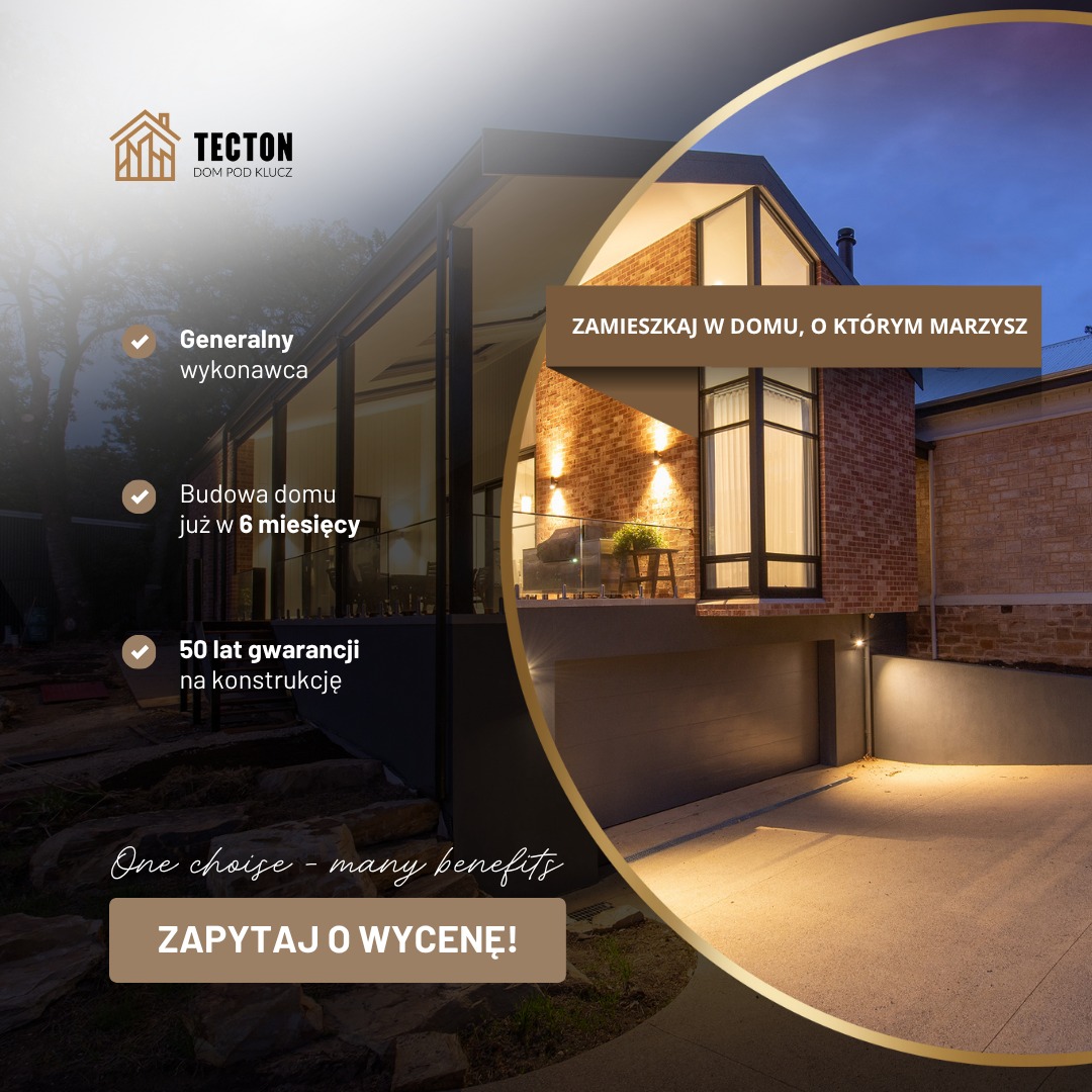 Nowoczesny dom z cegły klinkierowej z garażem, oświetlony wieczornym światłem, z elementami graficznymi i tekstem reklamowym. Dom pod klucz.