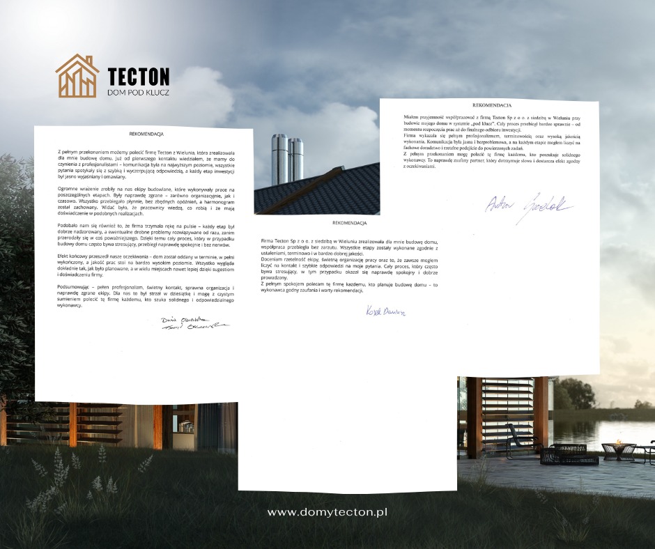 Trzy rekomendacje pisemne dla firmy budowlanej Tecton, z widocznym logotypem firmy i fragmentem zdjęcia domu w tle. Dokumenty na tle krajobrazu.