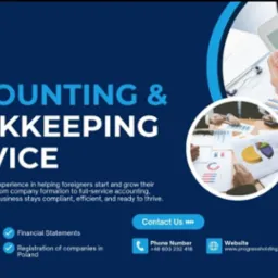 Grafika reklamowa usług księgowych: kalkulator, analiza danych, obsługa obcokrajowców, rejestracja spółek, bilanse finansowe i płace. Logo Progress Holding.