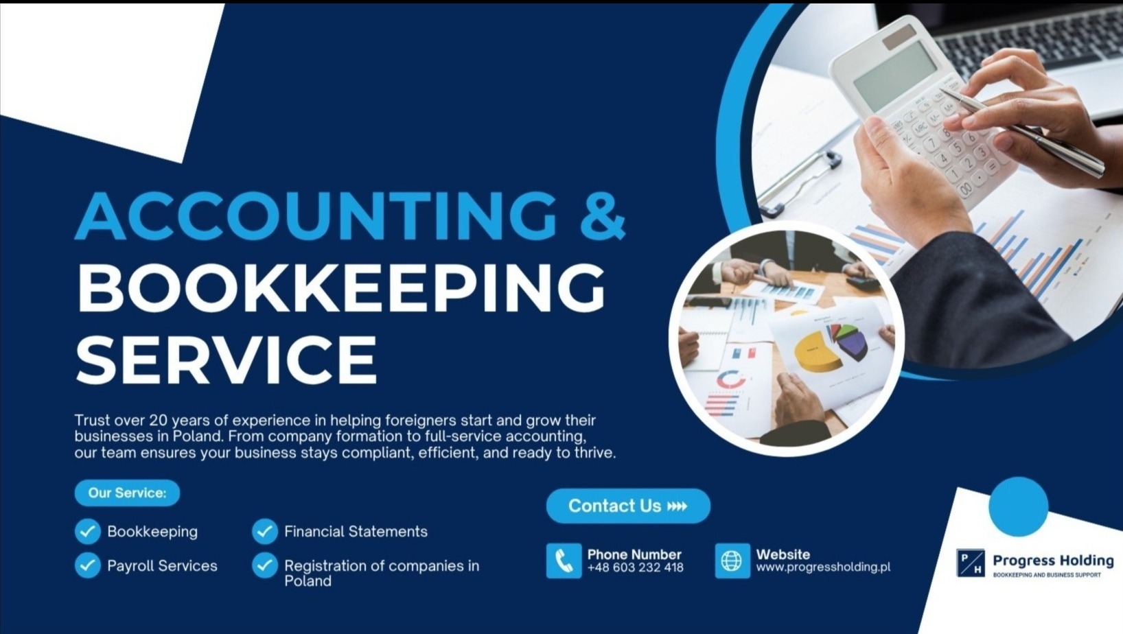 Grafika reklamowa usług księgowych: kalkulator, analiza danych, obsługa obcokrajowców, rejestracja spółek, bilanse finansowe i płace. Logo Progress Holding.