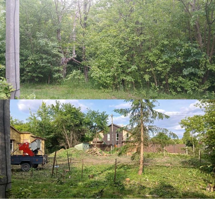 Zdjęcie 'przed i po' karczowania działki: gęste zarośla kontra uporządkowany teren z pniakami, zrębkami i maszyną do rozdrabniania gałęzi w tle.