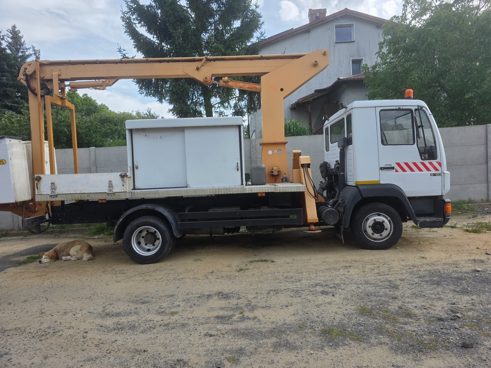 Biała ciężarówka z żółtym dźwigiem na podwórku, obok śpi pies. W tle dom i drzewa. Widok z boku, w dzień.