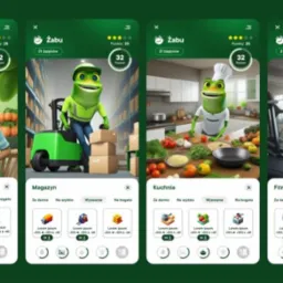 Grafiki aplikacji Żabu: żaba jako rolnik, magazynier, kucharz i sportowiec, z elementami interfejsu użytkownika. Ilustracje w stylu kreskówkowym na zielonym tle.