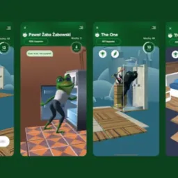 Prezentacja gry mobilnej z żabami w różnych scenach wnętrz, widok z ekranu smartfona, żywe kolory, grafika 3D, interfejs użytkownika, elementy rozgrywki.